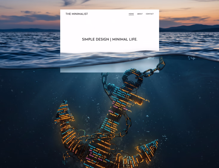 Minimalist web page floating on water with massive tangled anchor made of messy glowing source code pulling it down underwater