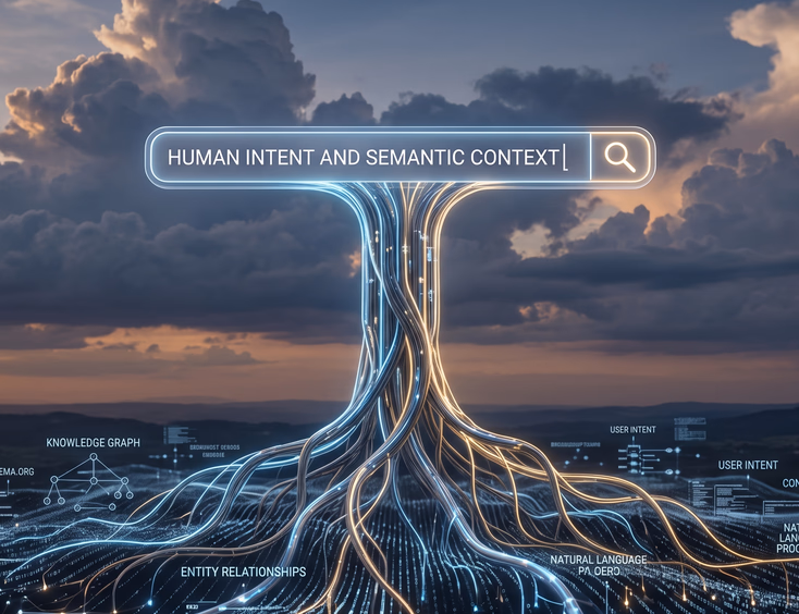 Search bar floating in sky with deep layered roots growing into complex data streams and semantic code structures representing advanced SEO
