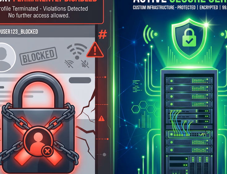 Suspended social media account lock icon versus secure server rack with green security signals in modern vector illustration design