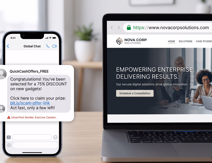 Unverified social media chat bubble versus official corporate website homepage with lock icon and professional domain comparison design