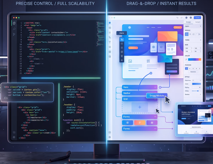 Split-screen showing slow bloated code choking phone versus fast clean modern website loading instantly with vibrant tech color palette
