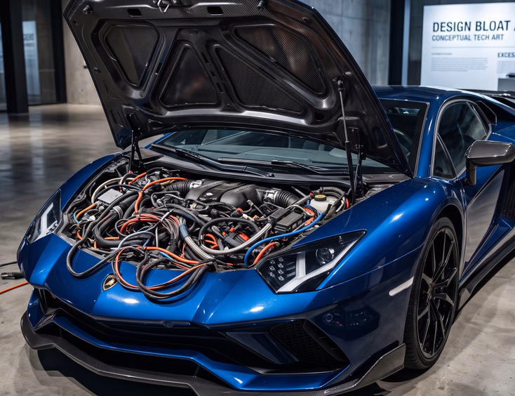 Luxury sports car hood open revealing cluttered messy engine with tangled wires symbolizing visual design bloat in conceptual tech art style