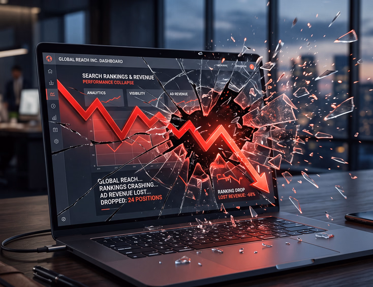 Premium laptop showing business website with red descending graph shattering screen representing dropped search rankings and lost revenue