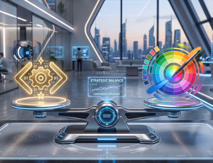 Futuristic minimalist workshop with scale balancing golden developer code symbol versus vibrant design palette in corporate strategy concept