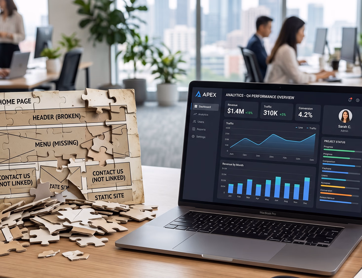 Professional custom website dashboard on sleek laptop versus crumbling puzzle piece template, modern corporate design comparison style