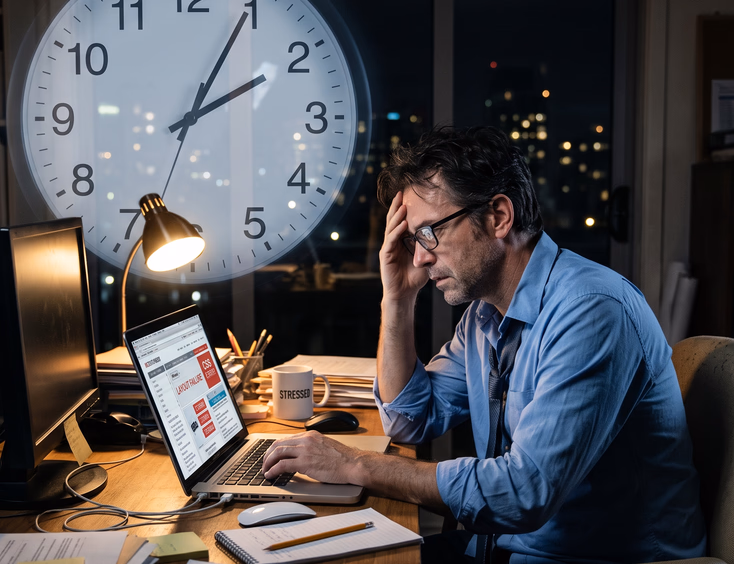 Stressed business owner at desk late night fixing broken website layout on laptop with transparent clock background illustration