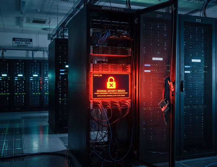 Digital server rack in data center with red glowing server showing broken lock icon and warning signs, cinematic lighting style