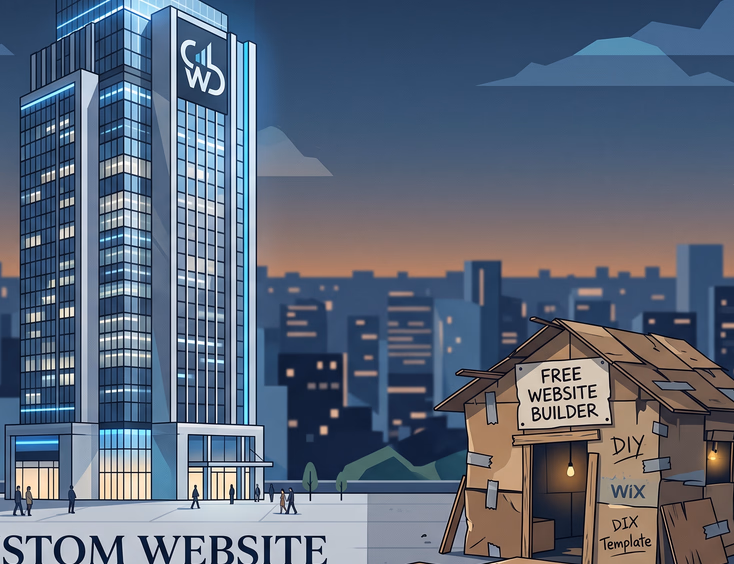 Modern corporate skyscraper versus cardboard shack symbolizing custom website development versus free website builders in minimalist style