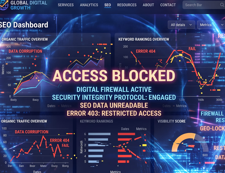Professional website interface completely blocked by invisible glowing digital wall with broken SEO graphs behind it symbolizing restrictions
