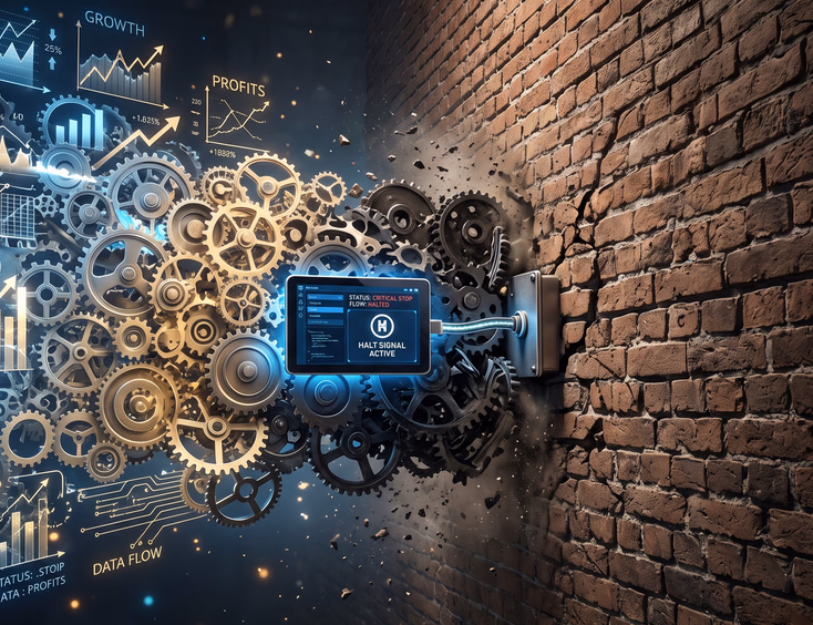 Small digital interface hitting massive brick wall stopping business data gears and charts from growing symbolizing limitations and barriers