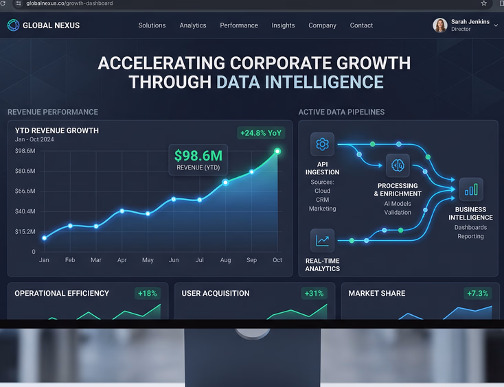 Premium corporate website interface seamlessly integrated with smooth data pipelines and upward trending revenue graphs for growth