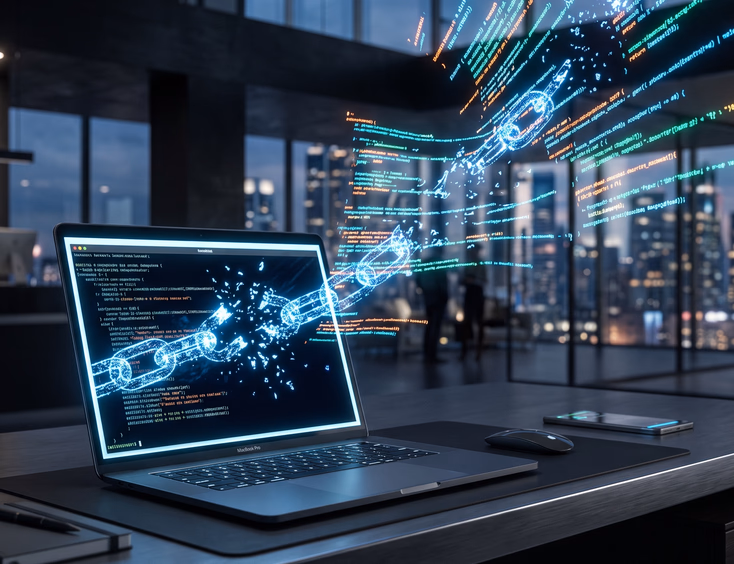 Sleek modern laptop on dark desk with glowing digital chains breaking apart, vibrant code flying into air, high-tech corporate 3D render style