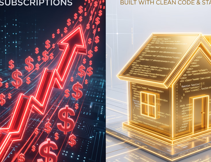 Split-screen red neon arrow through dollar signs for SaaS subscriptions versus golden house icon from clean code representing web ownership