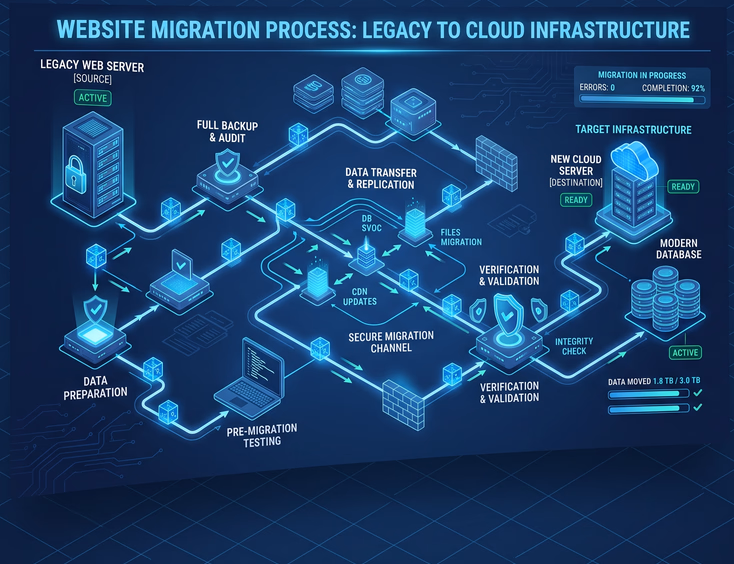 Glowing blue digital blueprint showing website migration with flowcharts, servers, data packets moving safely between network nodes isometric