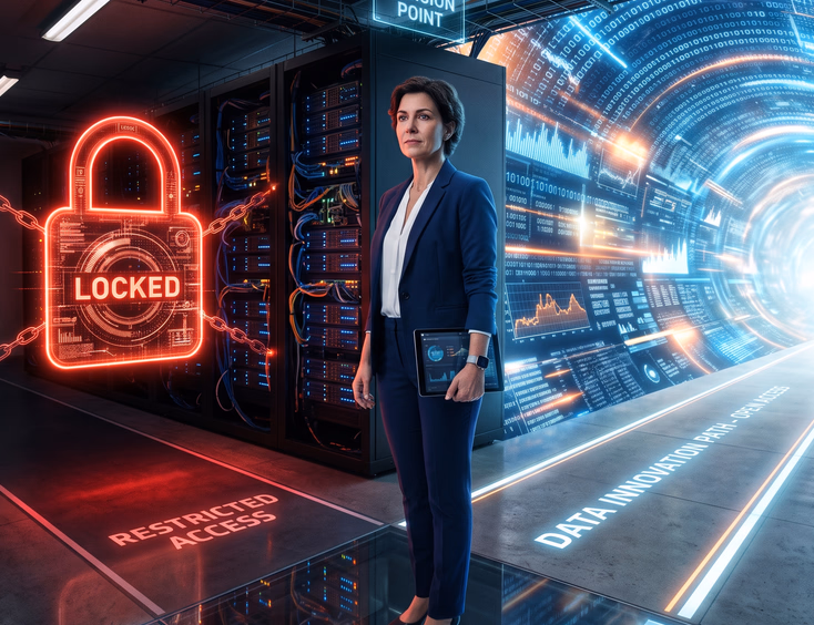 Business decision maker at futuristic server room crossroads, one path locked with padlock icon versus open bright sky code representation
