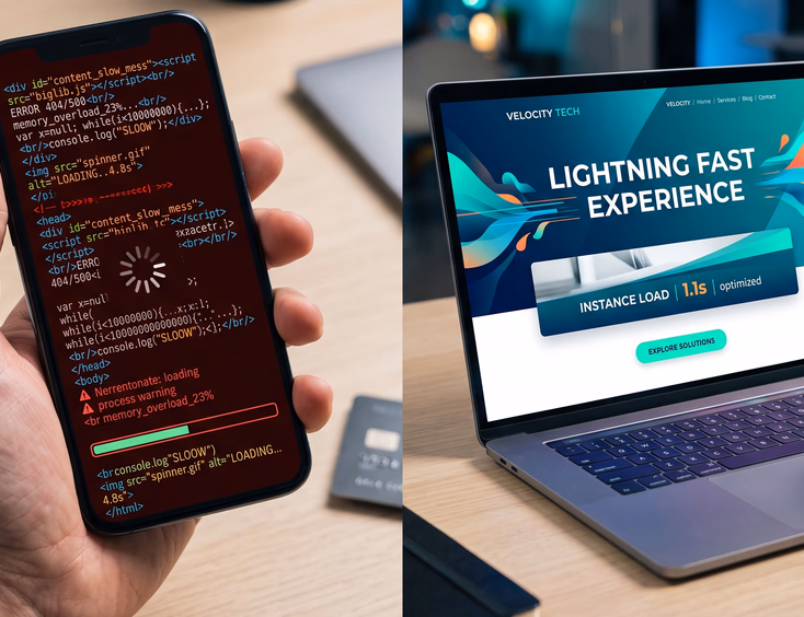 Split-screen showing slow bloated code choking phone versus fast clean modern website loading instantly with vibrant tech color palette