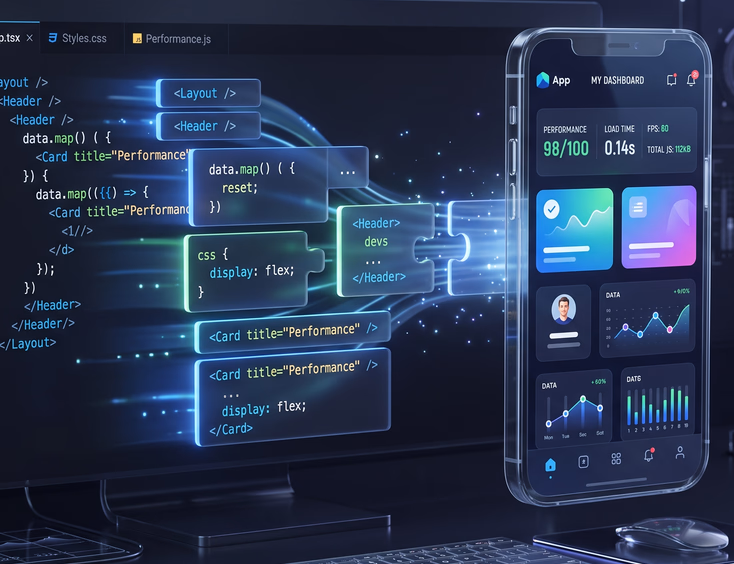 Clean minimalist 3D workspace with lightweight code blocks assembling into high-performance mobile interface design and futuristic aesthetics