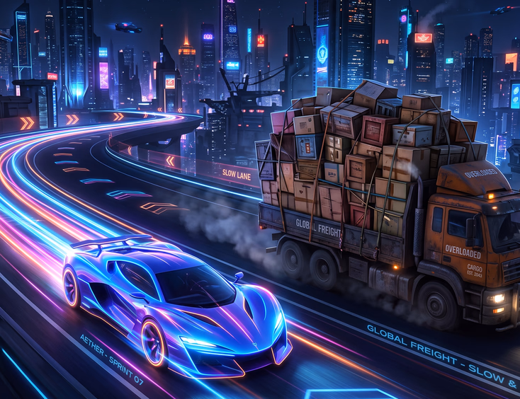 Race between overloaded delivery truck and lightweight futuristic sports car speeding on digital highway with neon light trails and dark background