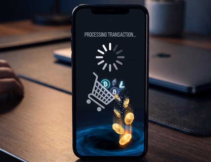 Smartphone displaying loading wheel with digital currency and golden coins dissolving from shopping cart, professional finance and tech theme