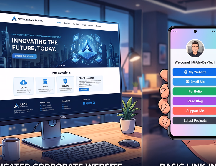 Sleek custom corporate website homepage versus generic link-in-bio mobile layout, highlighting professionalism and premium quality design