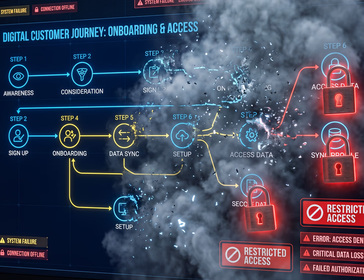 Digital user journey map dissolving into mist with padlocks and restricted access signs, representing data loss on tech interface