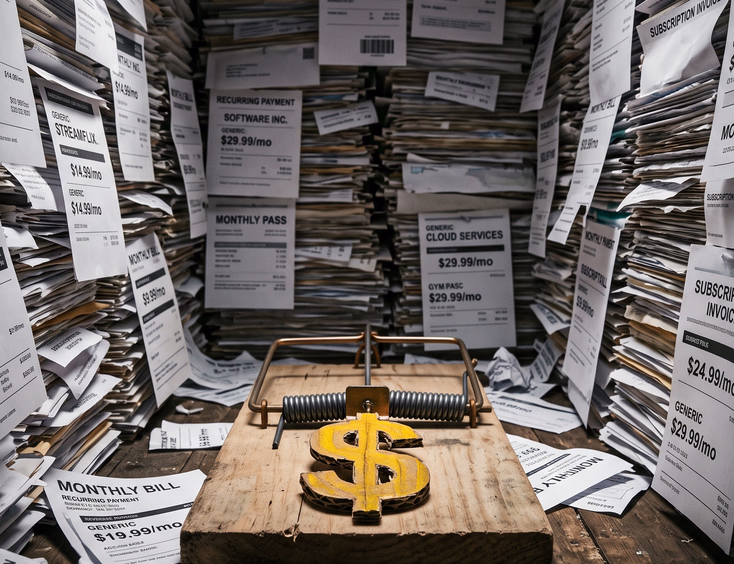 Mouse trap baited with dollar sign surrounded by recurring subscription bill walls, conceptual business trap and cost metaphor