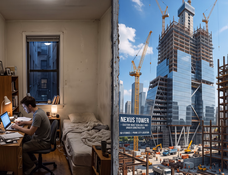 Split comparison tiny rented room with fixed walls versus massive scalable custom office tower under construction and business growth