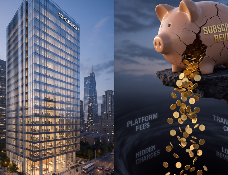 Modern corporate office building with leaking piggy bank metaphor, gold coins falling symbolizing platform fees and lost revenue