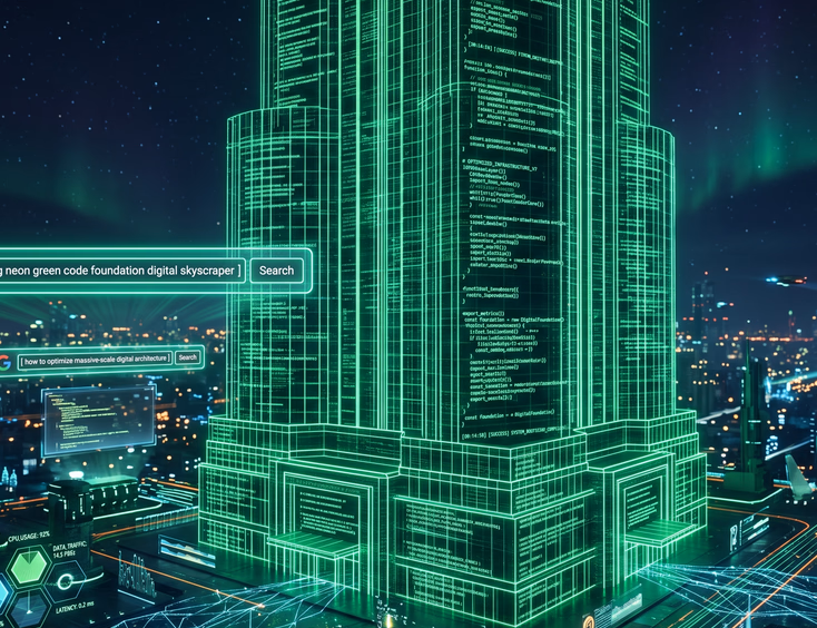 Glowing neon green optimized code lines forming digital skyscraper with data visualization and Google search bars futuristic aesthetic