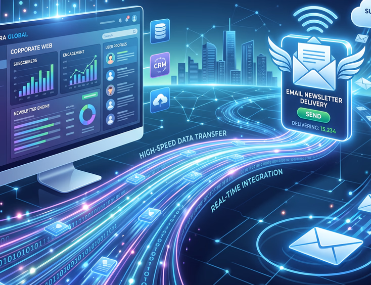 Bridge connecting custom corporate website with high-speed data stream to newsletter delivery, symbolizing seamless integration