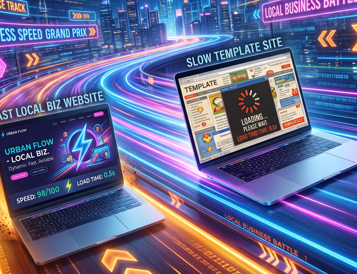 Sleek modern laptop showing lightning-fast custom local business website outrunning slow cluttered template on digital race track