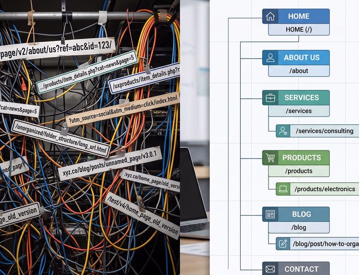 Tangled maze of digital cables and confusing street signs representing messy website URLs versus clean organized map