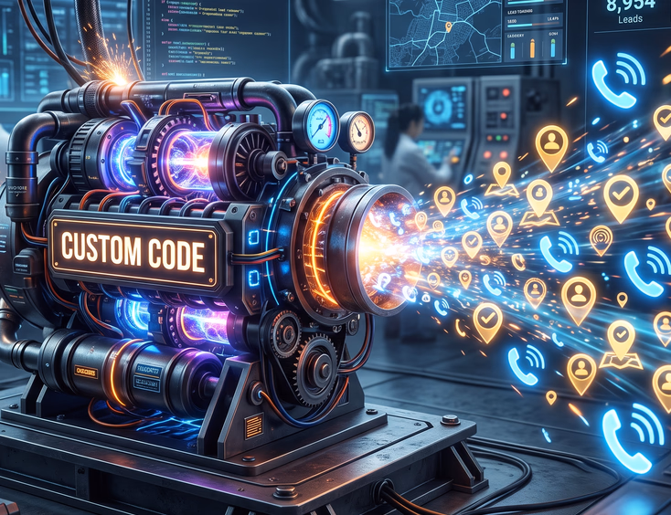 Powerful glowing high-tech machine engine labeled Custom Code pumping out bright local customer lead icons and phone calls