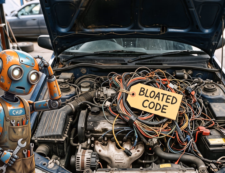 Car hood open revealing messy engine choked by tangled wires labeled Bloated Code while friendly robot mechanic looks confused
