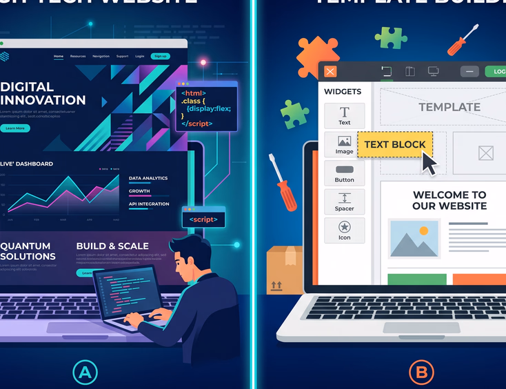 Custom-coded vs drag-and-drop website builder comparison showing sleek high-tech interface against generic template in vibrant flat design