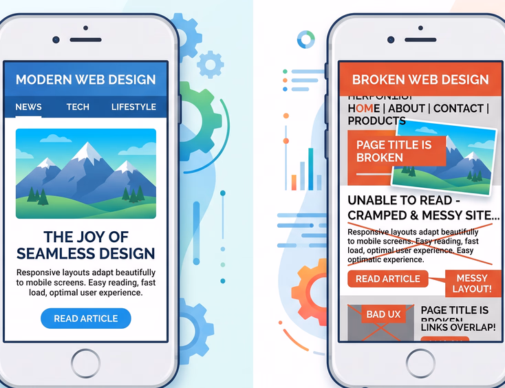 Responsive web design smartphone comparison showing fluid left interface versus cluttered overlapping elements on right side vector design