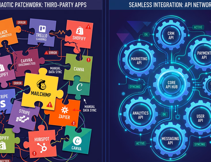 Website dashboard showing chaotic third-party apps puzzle versus seamless interconnected API integrations gear network futuristic design