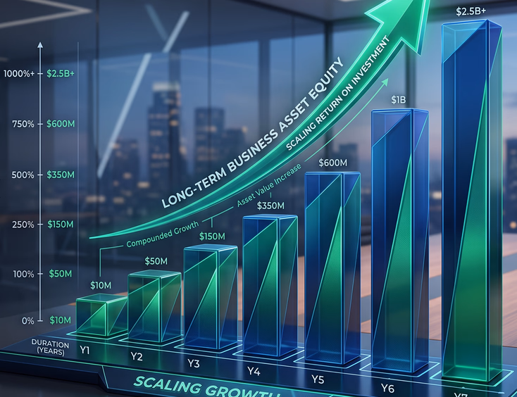 3D financial bar graph showing upward ROI arrow illustrating business asset equity scaling in minimalist corporate deep blue and green