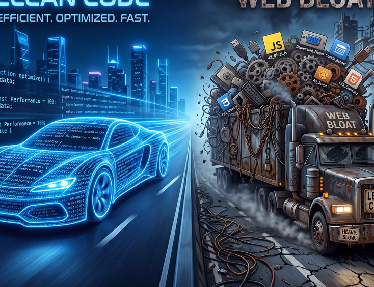 Sleek futuristic sports car made of glowing blue code lines versus heavy truck with gears, representing clean code versus web bloat design