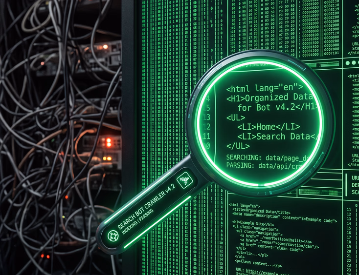 Digital magnifying glass inspecting clean glowing green data streams, symbolizing search engine bot crawling clean code for optimal indexing
