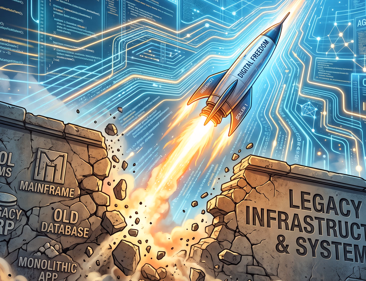 Rocket ship blasting through infinite sky of clean code pathways, symbolizing digital scaling and freedom from legacy platform constraints