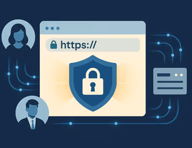 Illustration of a secure website with a padlock icon, HTTPS browser window, and encrypted data lines representing trust and online security.