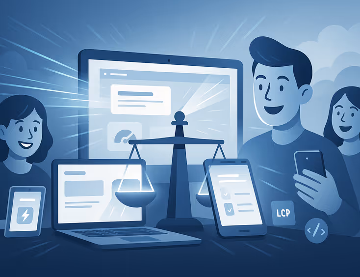 Modern illustration of a fast website loading on multiple devices, representing speed, efficiency, and positive user experience.