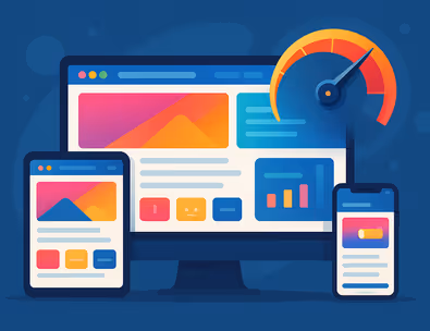 Modern website loading rapidly on multiple devices with speedometer graphic